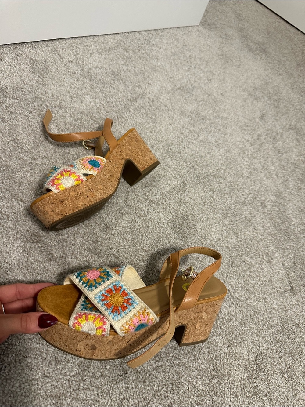 Women’s Tan Cork Platform Sandals with Multicolor Crochet Straps